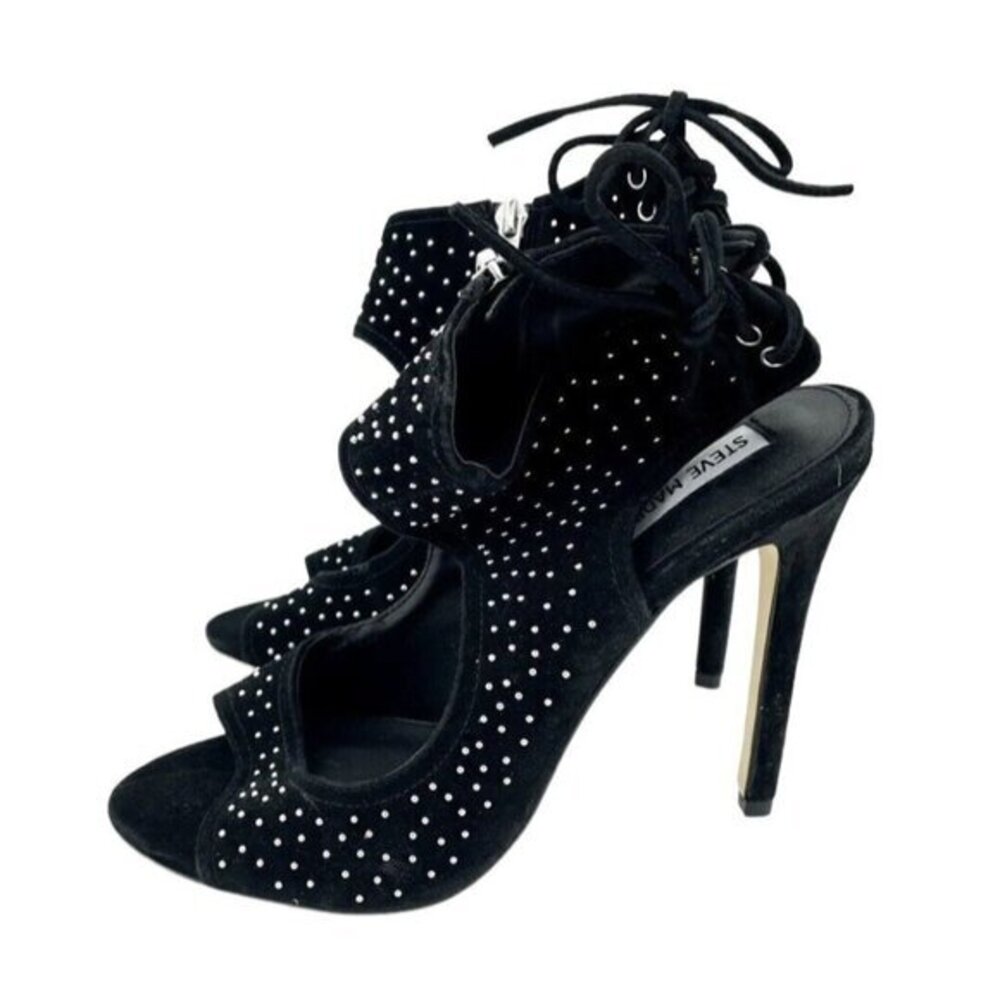 Steve Madden Sandals Black Suede Leather Studded Open Toe Heels SZ 7 New